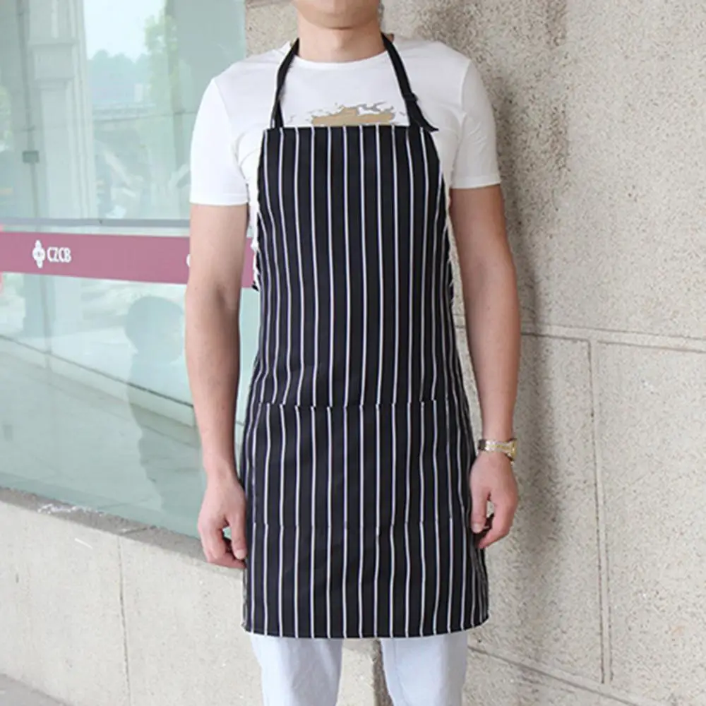 Black Stripe Bib Apron With 2 Pockets Chef Waiter Kitchen Cook Kitchen Aprons For Woman Men Cafes Beauty Nails Shop Apron