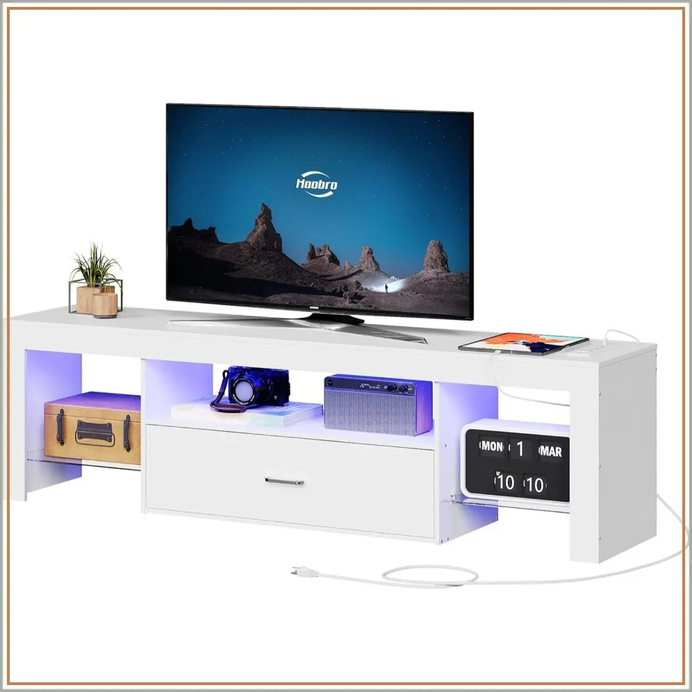 Soporte para TV LED con Tomas de Corriente para Televisores de hasta 65 Pulgadas, Centro de Entretenimiento para Juegos con Estantes de Vidrio y Cajón, Consola Multimedia Moderna Blanca