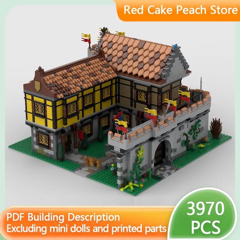 

Модель средневекового замка MOC: конструктор из строительных блоков «Город» с гостиницей и банком, модульная технология, детские праздничные подарки, игрушки для сборки