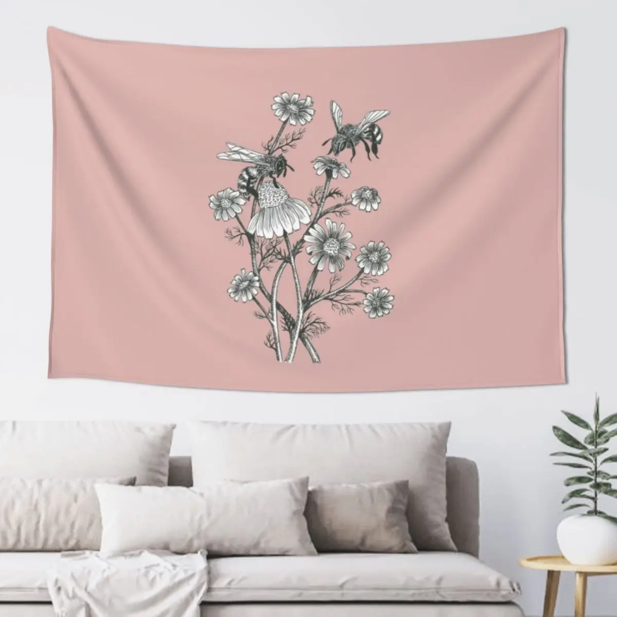 

bees and chamomile on dusty pink background Tapestry Cute Room Decor Bedroom Decoration Anime Decor Tapestry