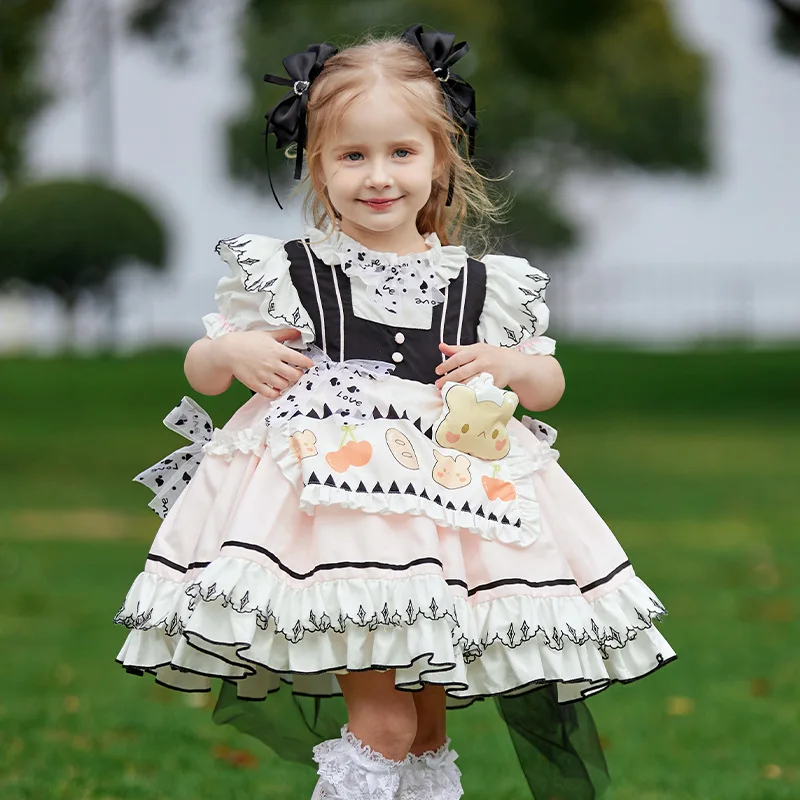 HETISO Lolita Dress for Girls Cartoon Bear Children Birthday Party Gown White Black Cotton Layered Kids Gifts 1-10 Years