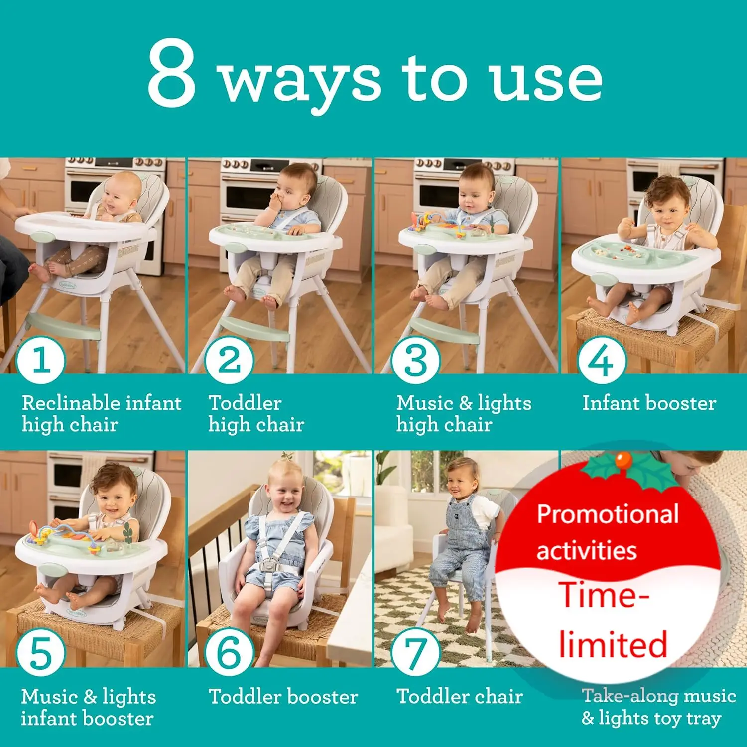 

Infantino Music & Lights 8-in-1 Convertible High Chair for Babies & Toddlers, Interactive Lights & Sounds, Removable Legs, Wipe-