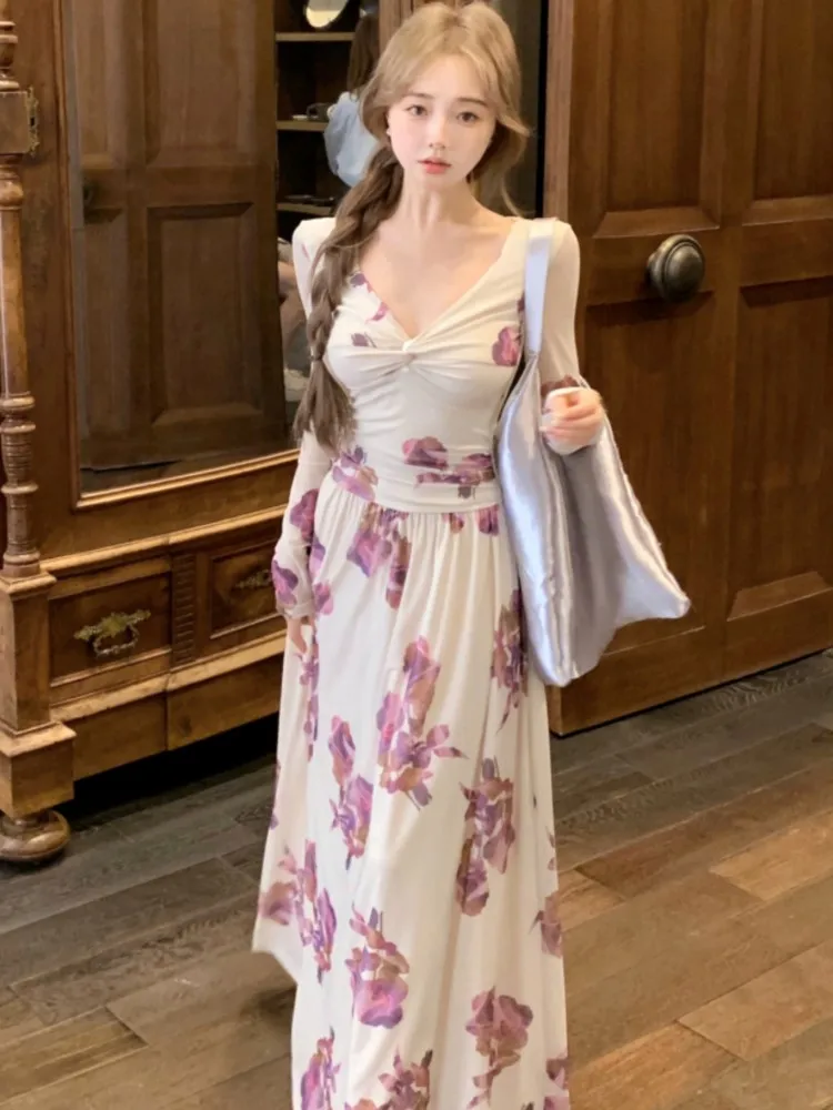 

Elegant Print V-Neck Long Party Dress For Women French Autumn New Fashion Folds Long Sleeves Slim Dresses Female Casual Vestidos