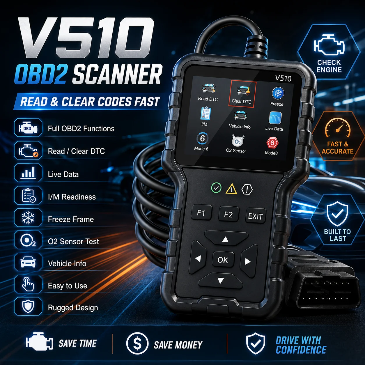 Scanner de Diagnóstico Automotivo V510 OBD2, Testador de Bateria, Leitor de Código de Motor, Dados em Tempo Real, Consulta de DTC, Todas as Imagens Congeladas de Veículos OBDII de 1996+