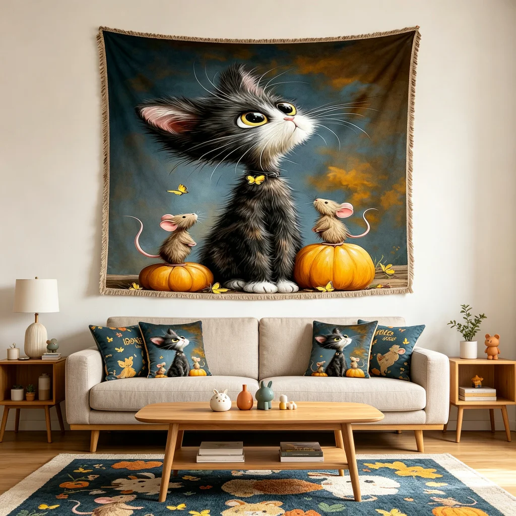 1PC Black White Cat Mouse Art Print Backdrop Banner, Bedroom Living Room Photo Background, Polyester, Home Decor, Wall Art