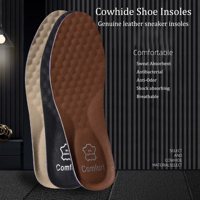 Cowhide Insoles Men Women Genuine Leather Shoe Sole Pad Deodorization Shock Absorption Running Insert Sweat Breathable Cushion