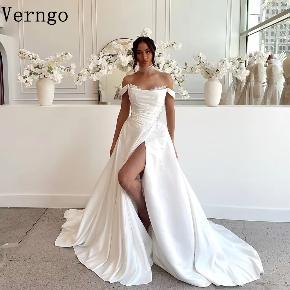 

Verngo Elegant Pearls Bride Dress Off The Shoulder A Line Side Slit Wedding Dress Women Modern Bridal Gown Customized