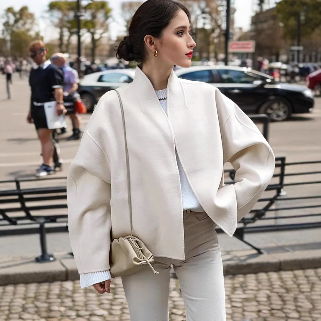 

Women's Long-Sleeved V-Neck Woolen Jacket Autumn Winter New Loose Elegant Commuter Lazy Style Europe America Short