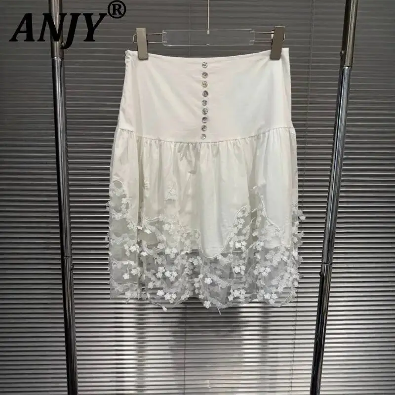 ANJY Summer New Women Niche Design Single Breasted Lace Mesh Patchwork Pleated Short Skirt Trendy Chic Solid Color Skirts A24271