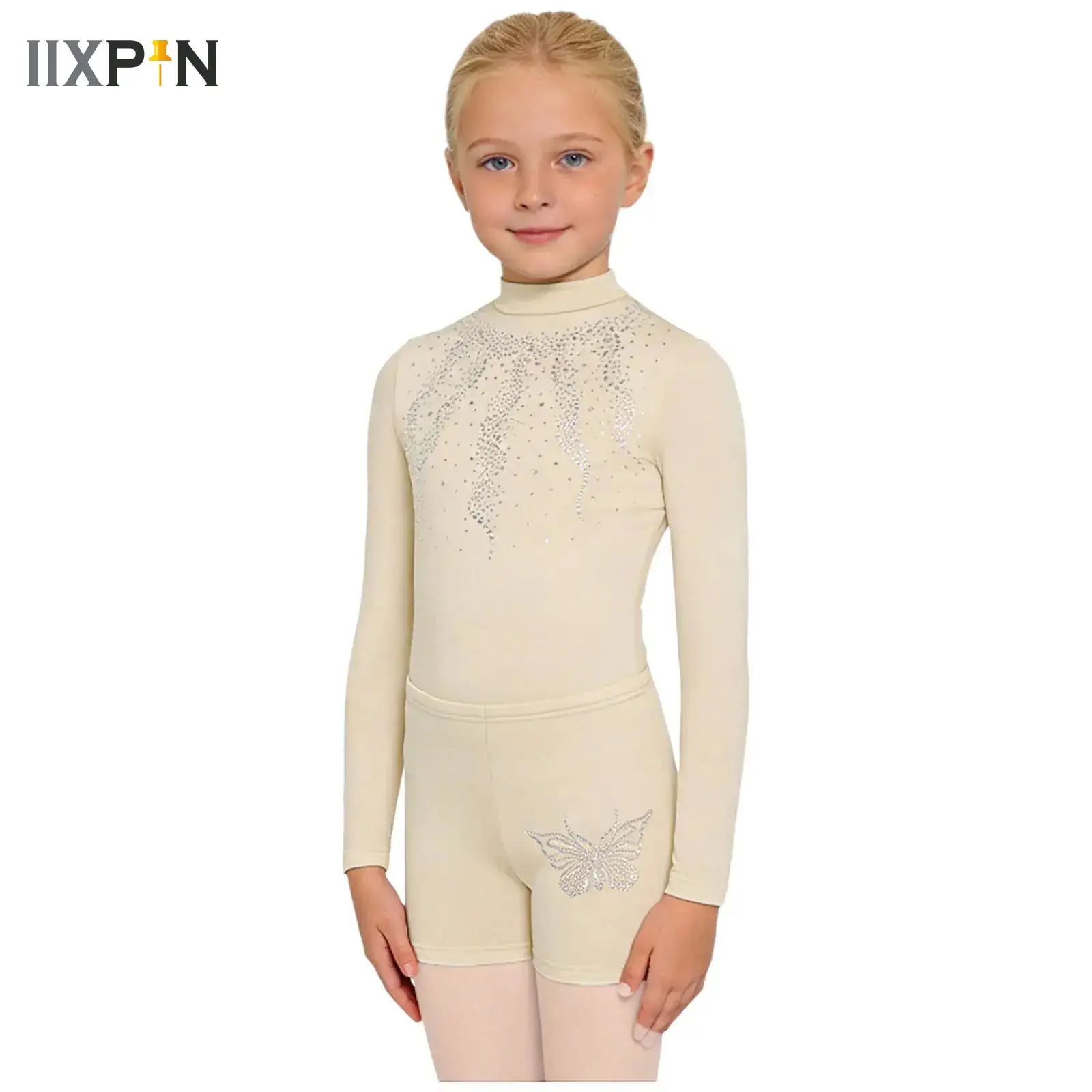 

Girls Rhinestones Rhythmic Gymnastics Leotards Long Sleeve Sports Bodysuit+Shorts Figure Skating Stage Performance Costumes