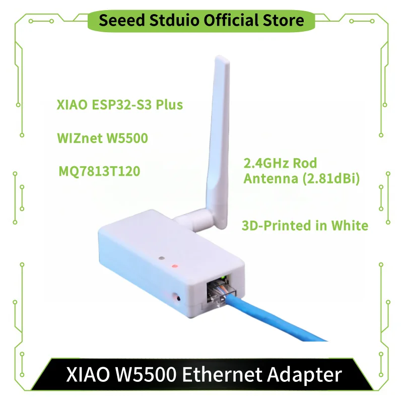 XIAO W5500 Ethernet Adapter, with ESP32S3 Plus,2.4GHz Rod Antenna (2.81dBi),MQ7813T120