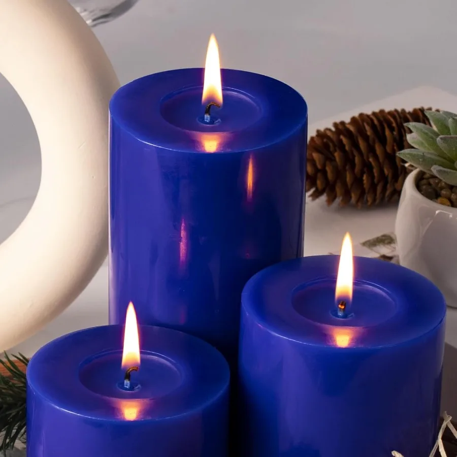 Velas de pilar azules clásicas, juego de 3 velas de pilar sin perfume de 3x6 para bodas, decoración del hogar, fiestas, spas, burni de 56 horas de largo