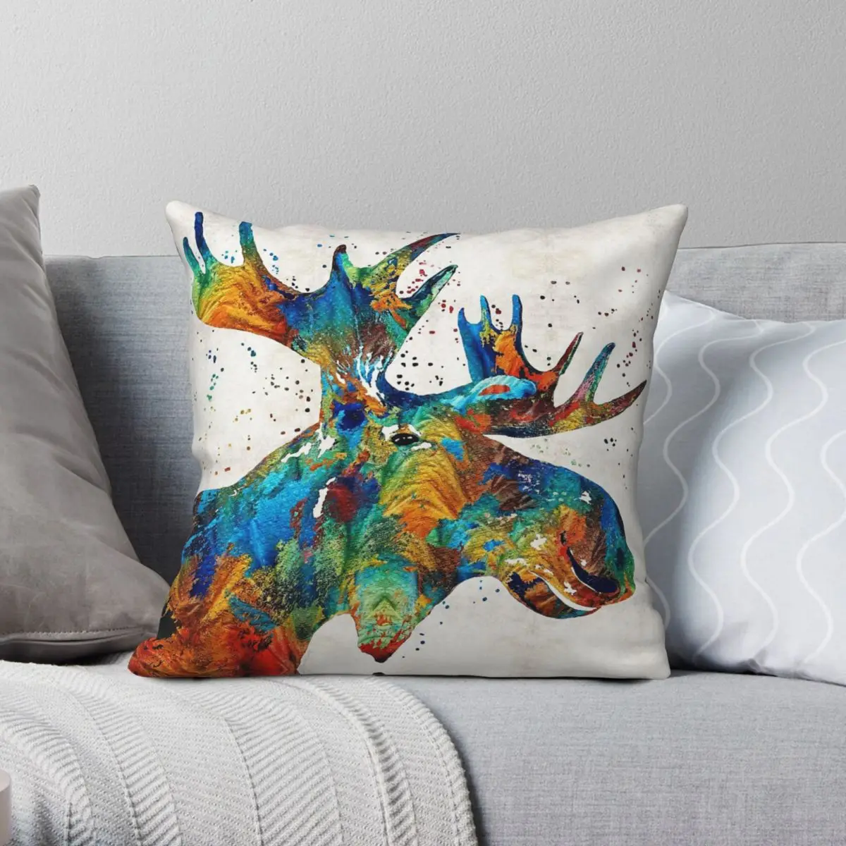 Colorful Moose Art Confetti Square Pillowcase Polyester Linen Velvet Pattern Zip Decor Pillow Case Sofa Seater Cushion Cover