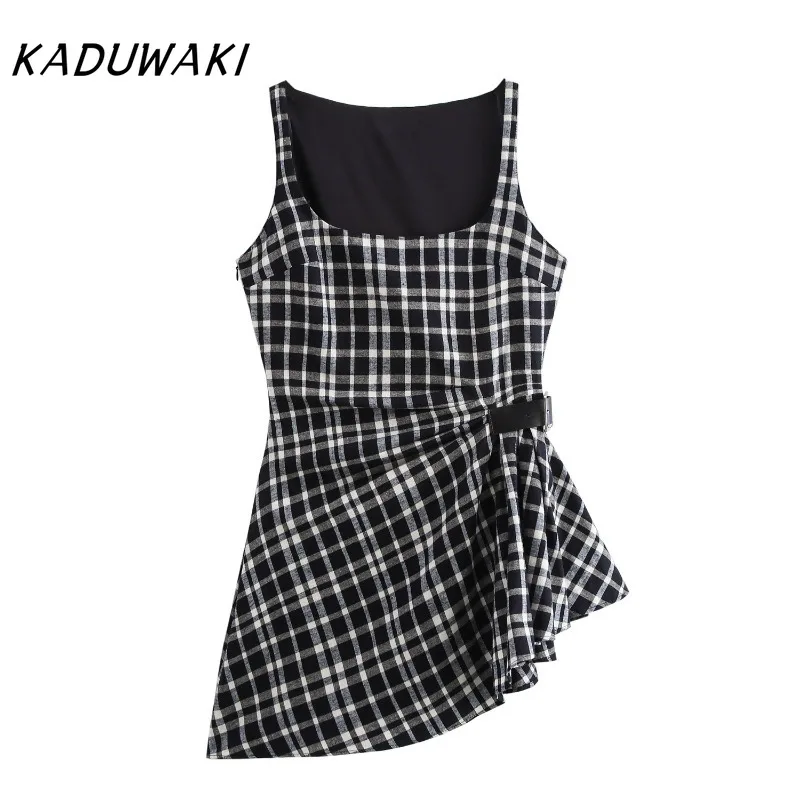 KADUWAKI Fashion Retro U-neck Sleeveless Plaid Design Mini Vestidos Simple Pleated Waisted Peplum Vacation Dresses Streetwear