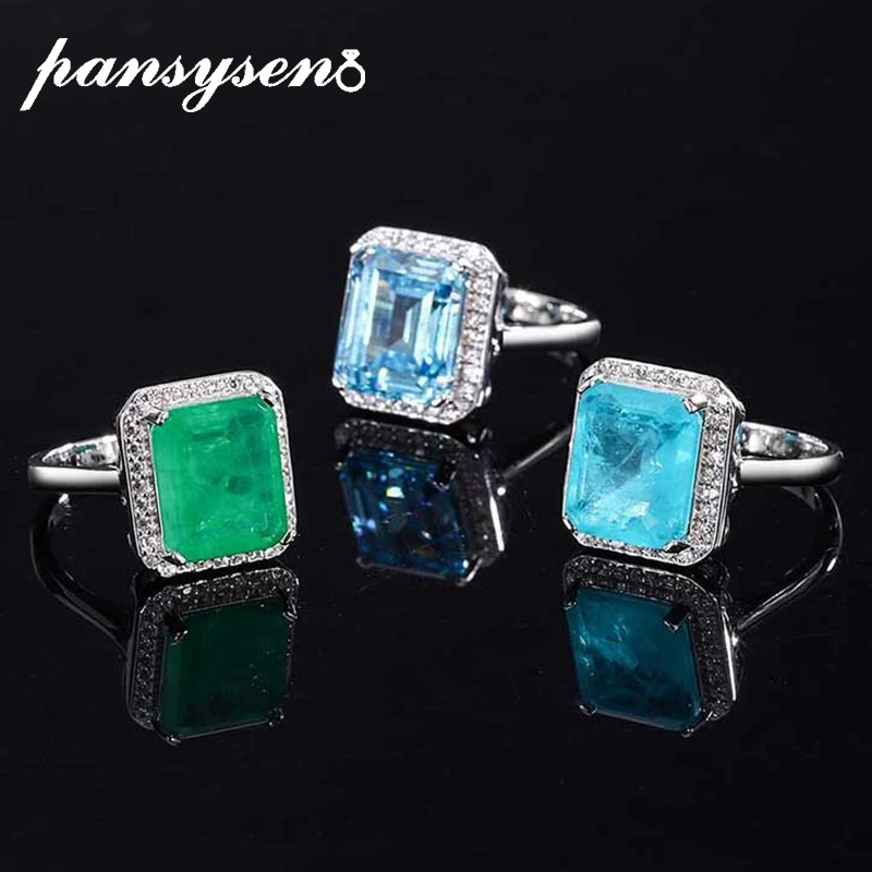 

PANSYSEN 100% 925 Sterling Silver 10x12MM Emerald Paraiba Tourmaline Rings for Women Men 18K White Gold Plated Jewelry Wholesale