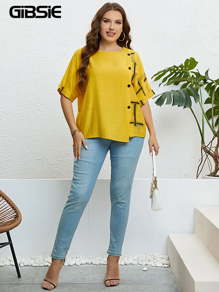 GIBSIE Plus Size Casual Print Button Front Women T Shirt 2024 New Summer Korean Fashion Half Sleeve Ladies O-Neck T-Shirts Tops