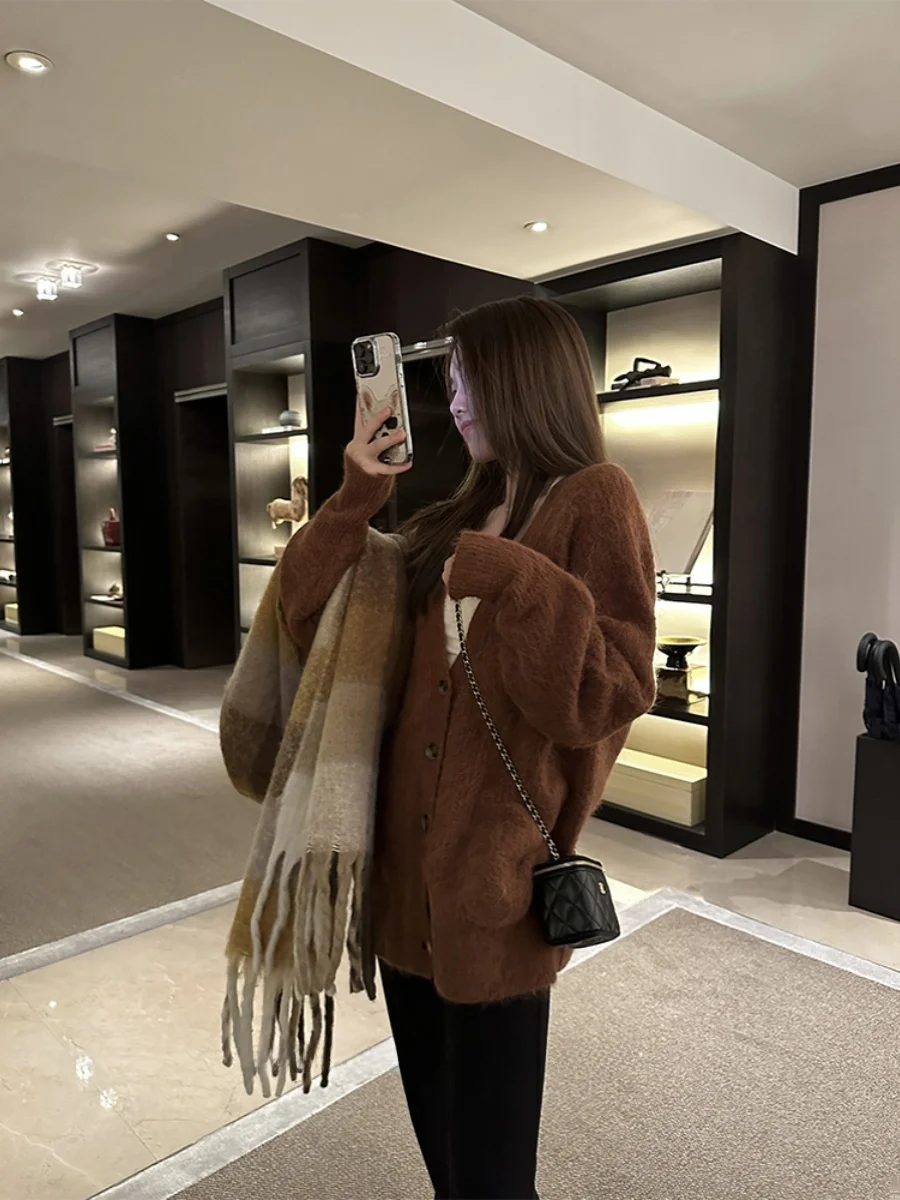 

Женский осенне-весенний вязаный кардиган, свитер с верблюжьими волосами, цвет тыквы, дизайн, повседневный свободный крой для поездок на работу, V Ne