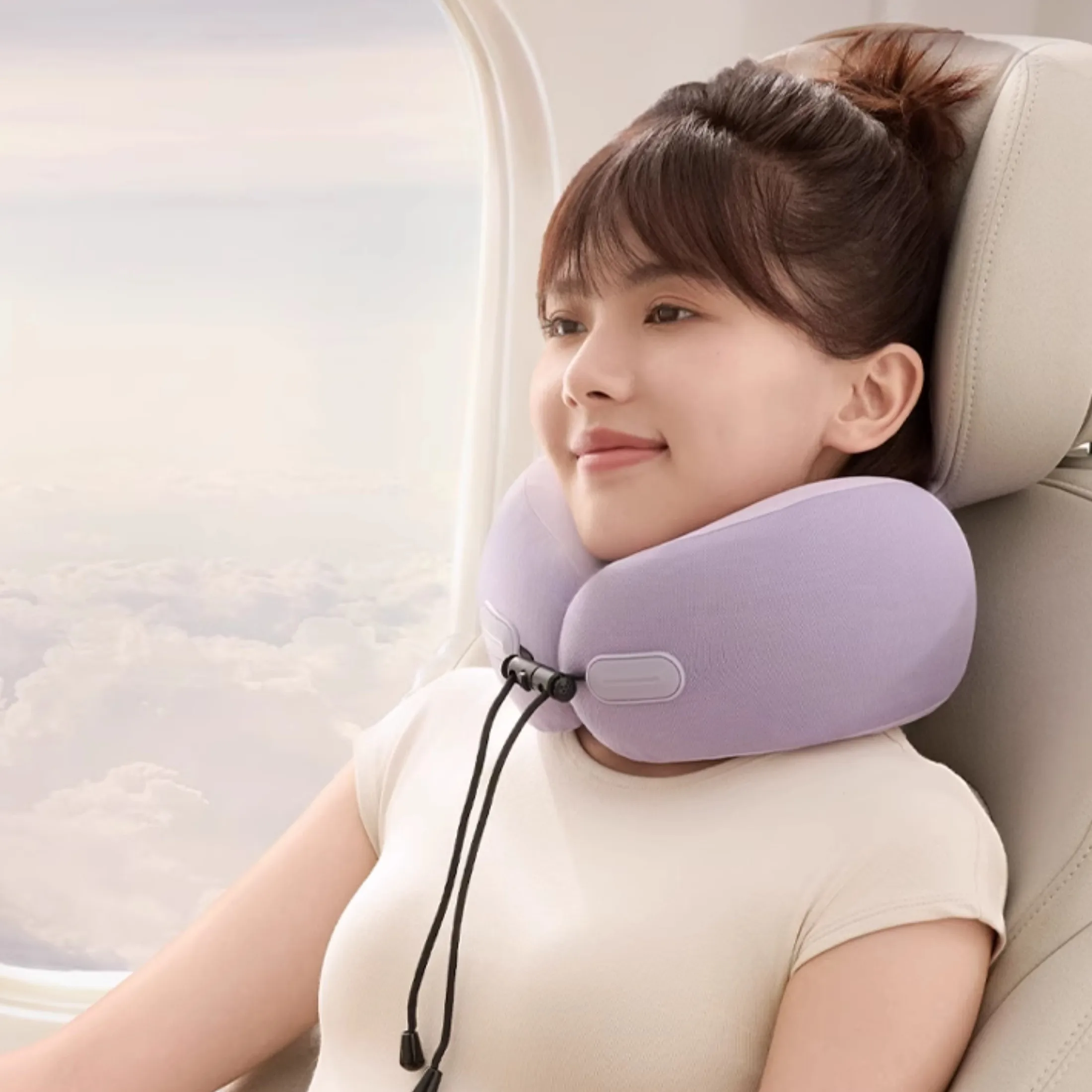 Compact Neck Pillow Ergonomic Travel Cushion Adjustable Strap Double Peak Headrest with Case for Flight Driving Train Office
