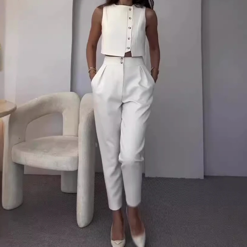 Vest Tops Two Piece Sets Women Pants Set Round Neck Sleeveless White Button High Waist Wide Leg Long Pants Slim Fit Elegant