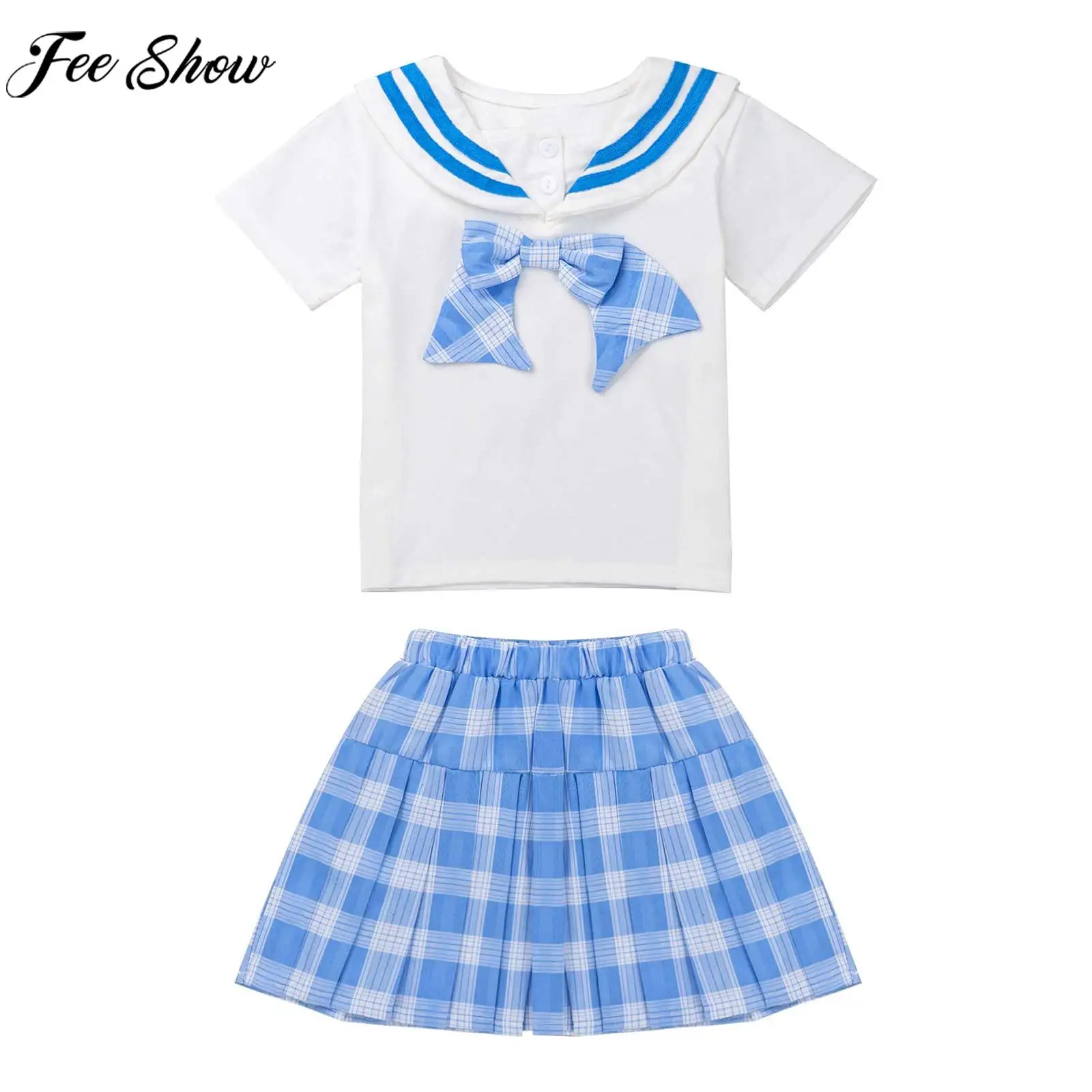 

Little Girls Cute School Uniform Preppy Style Outfits Short Sleeve Lapel Bowknot Rabbit Ears Top with Skirt for Party Daily Wear