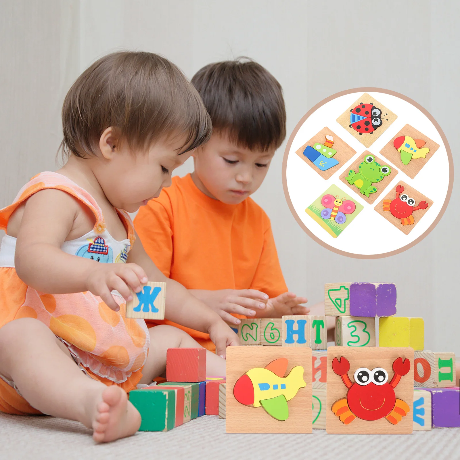 

6Pcs Wooden Educational Puzzles for Toddlers Kids Learning Puzzle Board Shape Recognition Cognitive Development Game 1-3 Year