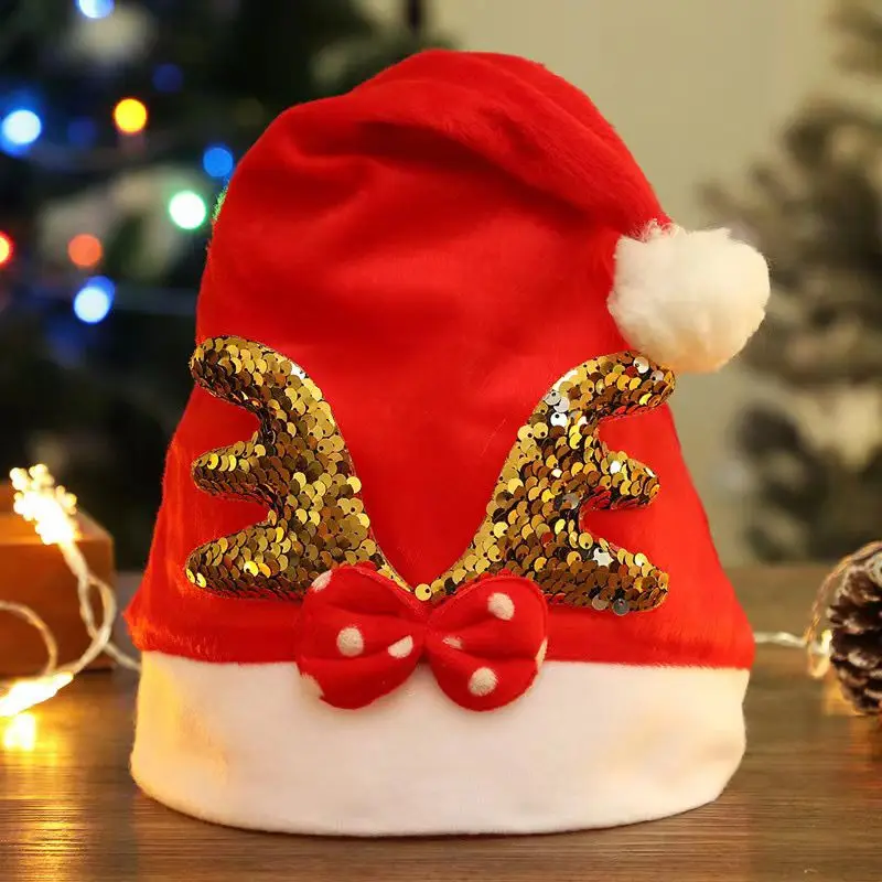 Gorro de Navidad Rojo de Felpa Suave con Lentejuelas Doradas, Astas de Reno, Lazo de Puntos y Pompón Blanco, Decoración Festiva para Fiestas Navideñas