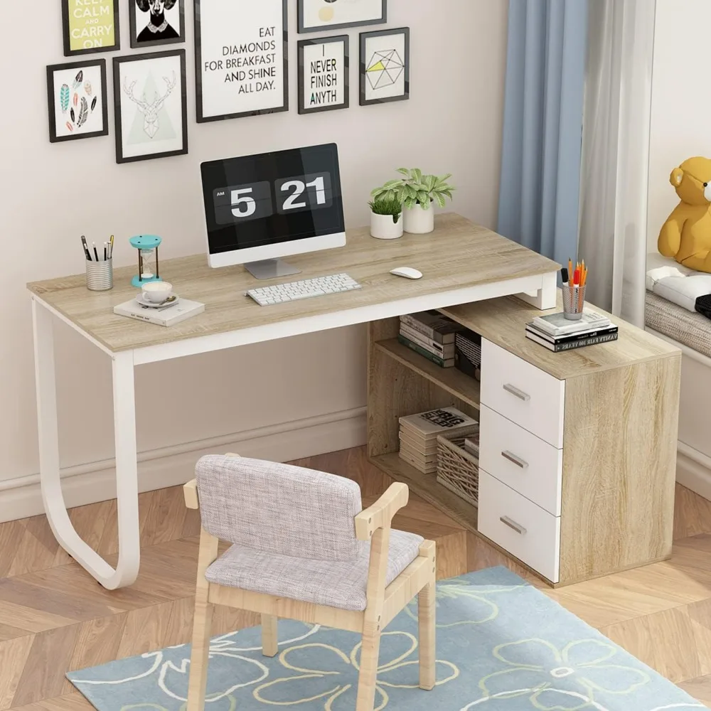Home Office Computer Desk Corner Desk with 3 Drawers and 2 Shelves, 55 Inch Large L-Shaped Study Writing Table with Storage Cab