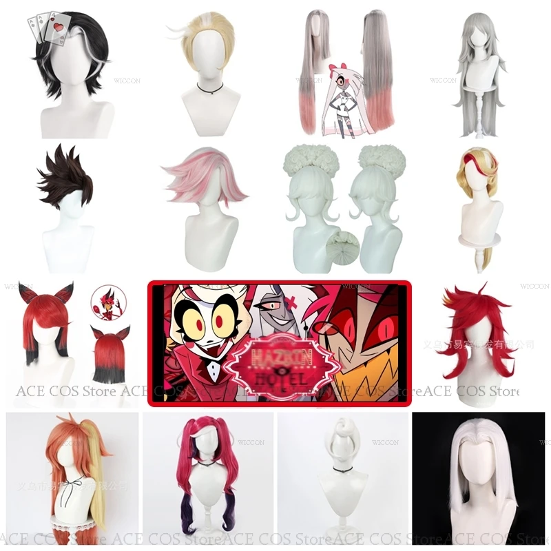 Hazbin ALL Alastor Hotel Lucifer Angel Husk Charlie Vaggie Cherri Bomb Adam Lute Velvette Cosplay Wig Emily Hair Halloween Party