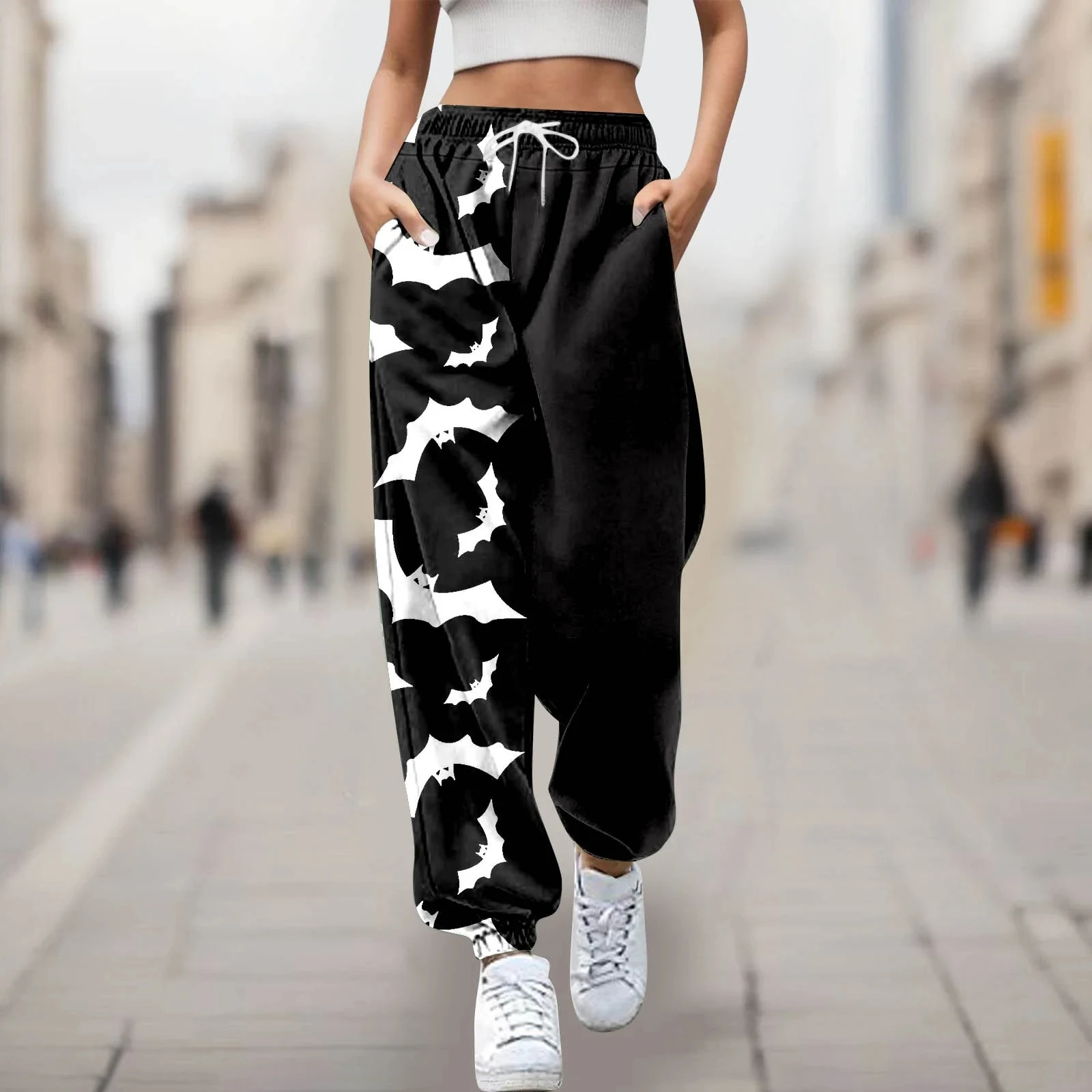 Womens Bat Print Joggers Pants Casual Loose Fit Trousers Elastic Waist Sweatpants Stylish Streetwear Workout Bottoms Adults/Kids