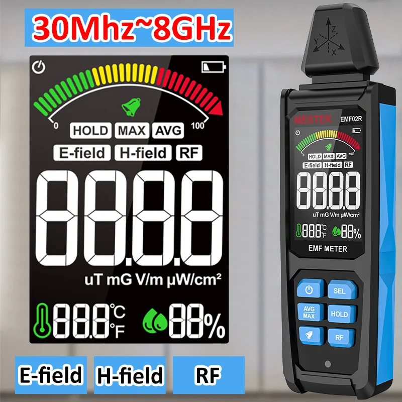 Compteur EMF à écran couleur 3 en 1, 30Mhz ~ 8GHz, radiomètre haute fréquence, champ électromagnétique, détecteur de rayonnement RF, Test Max/Avg