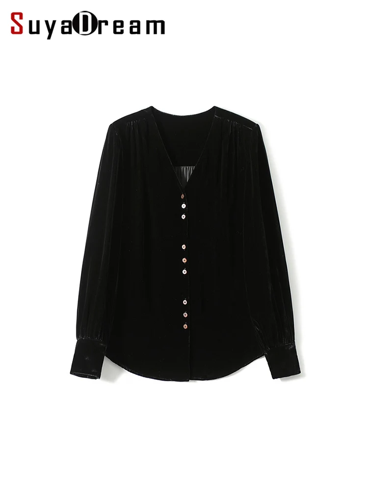 

SuyaDream Women Silk Velvet Shirts, V Neck Long Sleeved Chic Blouses, Single Breasted 2026 Spring Fall Elegant Top, Black