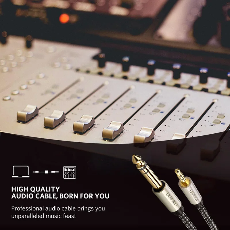 Ugreen 1/8 to 1/4 Stereo 3.5mm to 6.35mm Adapter Aux Cable Guitar to Aux Male Cord with Zinc Alloy Housing and Nylon Braid