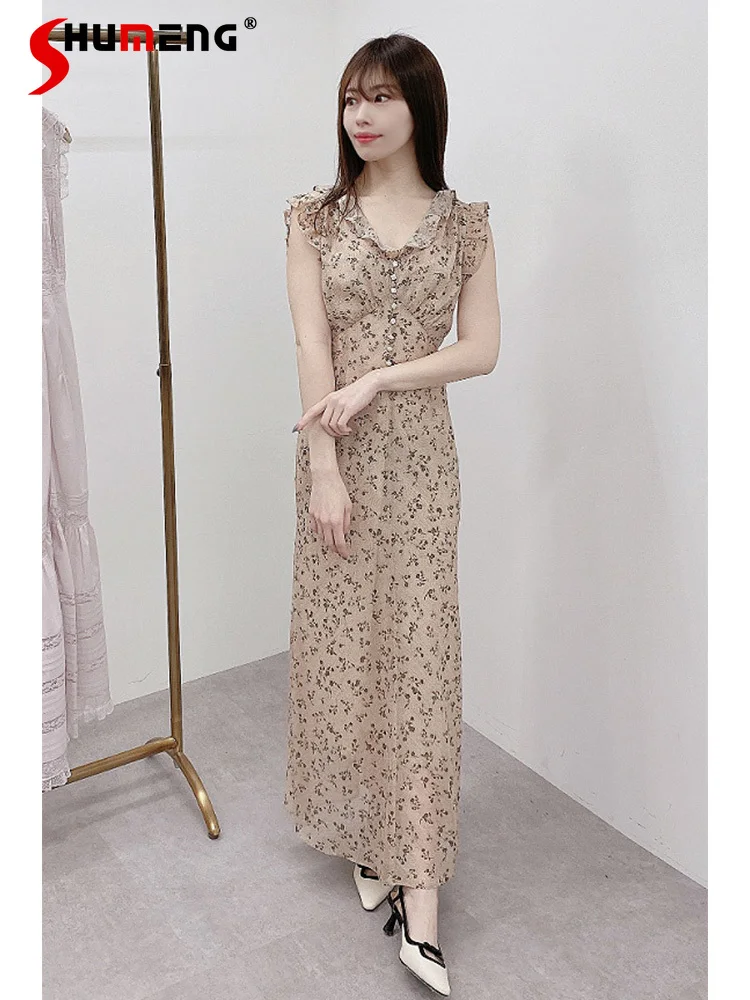 

Japanese Elegant Sweet Dresses Ruffle V-neck Sleeveless High Waist Lace-up A-line Printed Temperament Casual Long Dress Women