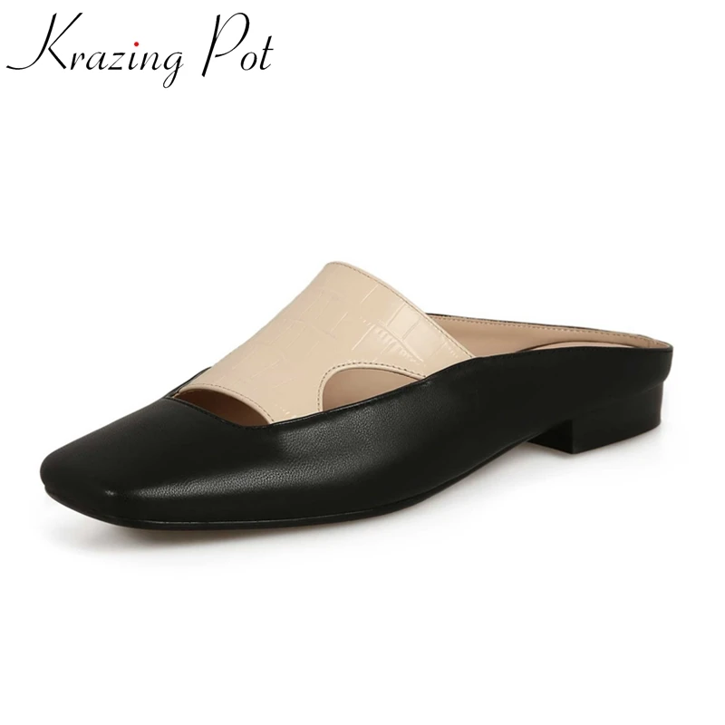 Krazing Pot Big Size Sheep Leather Square Toe Mules Mixed Color High Street Fashion Slingback Brand Beauty Lady Outside Slippers