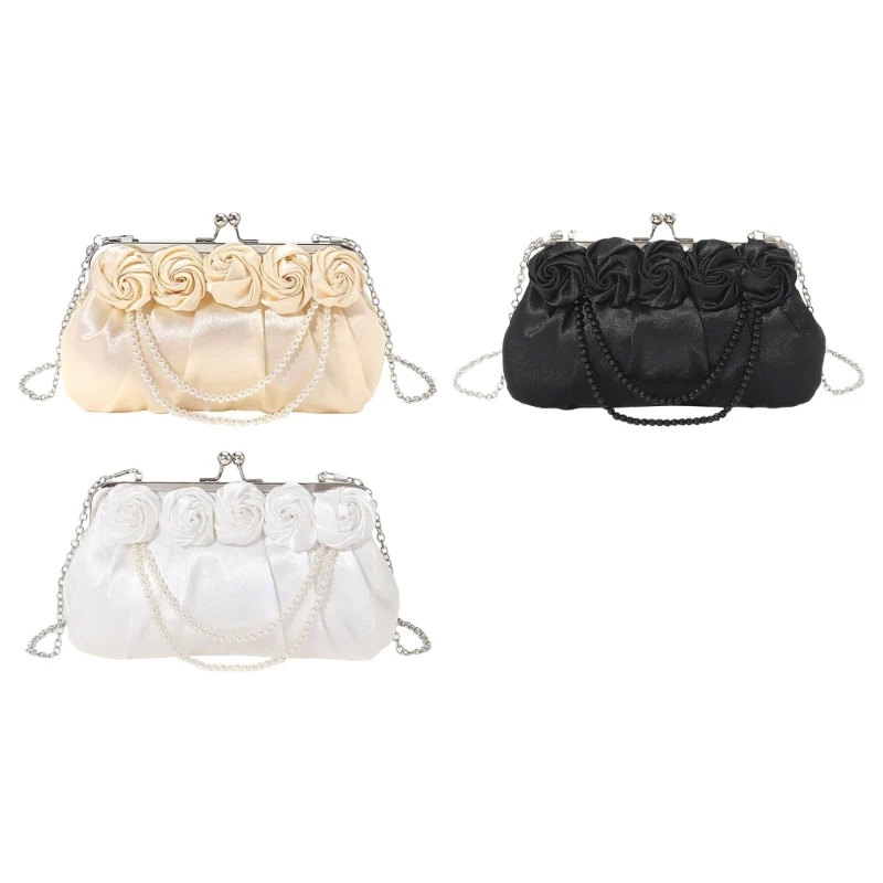 Pearls Chain Clutch Bag for Weddings and Celebrations 3D Rose Silk Handbag Purse