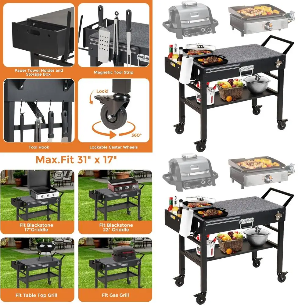 

Портативный складной столик для гриля на открытом воздухе с колесиками, большое стабильное пространство для гриля на воронке, идеально подходит для сковороды и подставок
