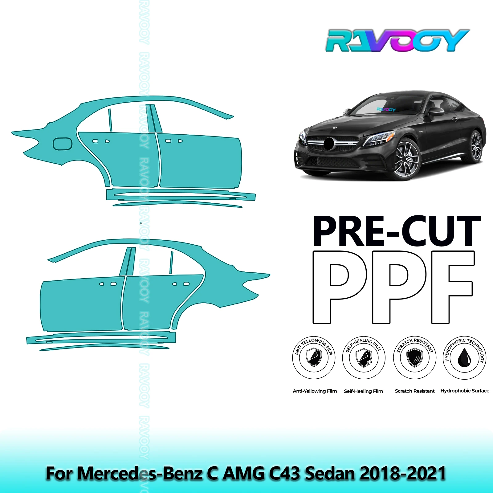 

For Mercedes-Benz C AMG C43 Sedan 2018-2021 8.5mil Clear Matte Pre-Cut PPF Door & A/B Pillar Kit TPU Paint Protection Film Set