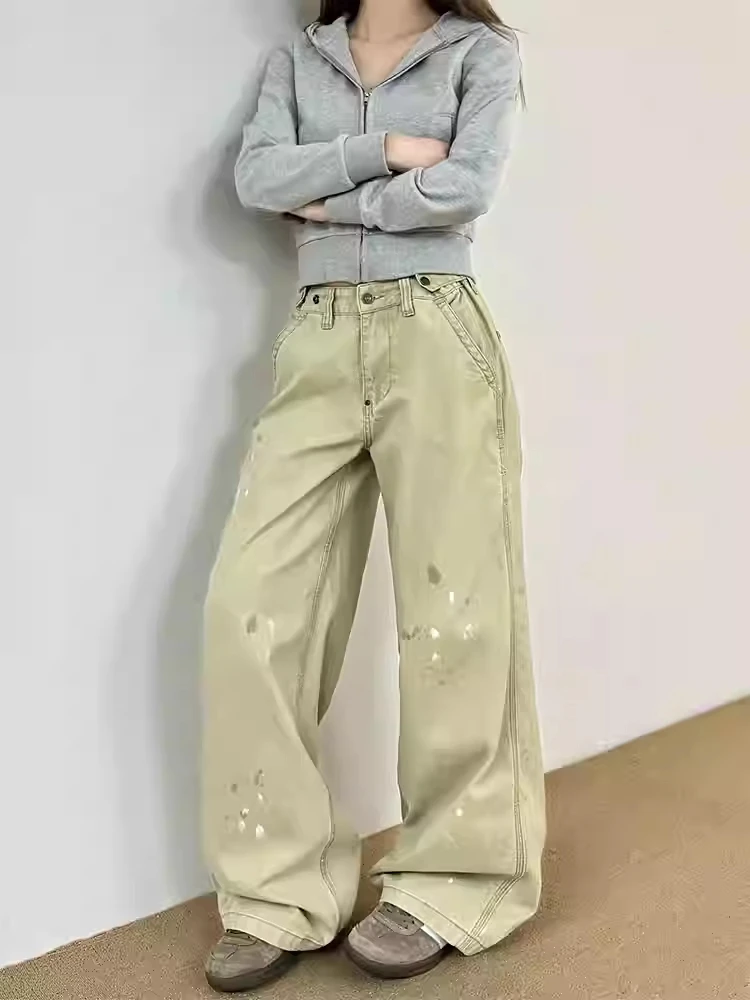 

Khaki Womens Jeans High Waist Vintage Straight Baggy Denim Pants Streetwear American Style Fashion Casual Wide Leg Denim Trouser