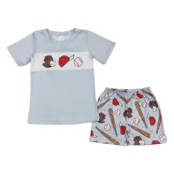 Wholesale Toddler Baby Boy Summer Outfit Children Short Sleeves Blue T-shirts Tee Baseball Shorts Set Ball Clothing