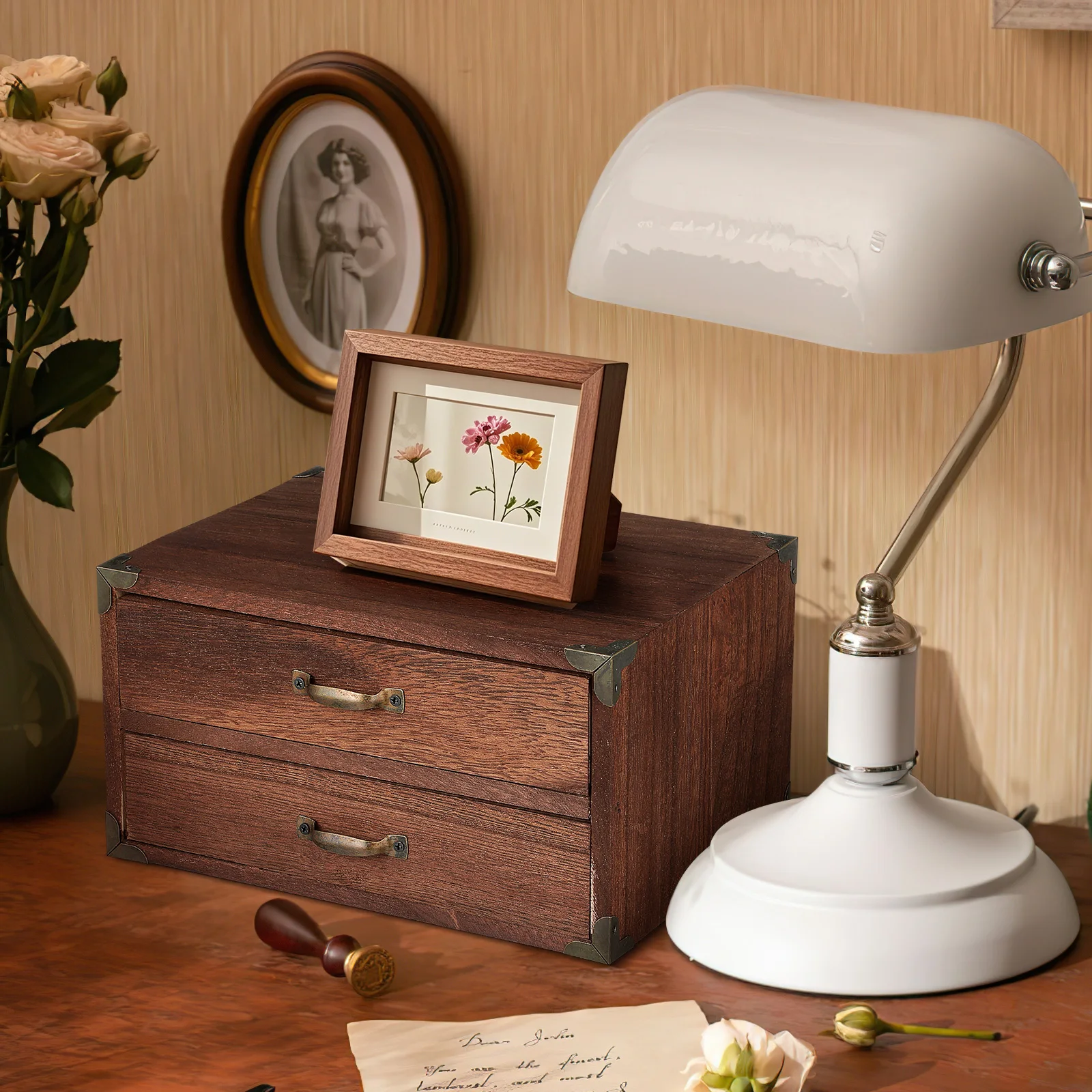 

1pc Wooden Two Drawers Desktop Organizer Stationery Container Household Makeup Case Office Use Desktop Wood Drawer Box Tabletop