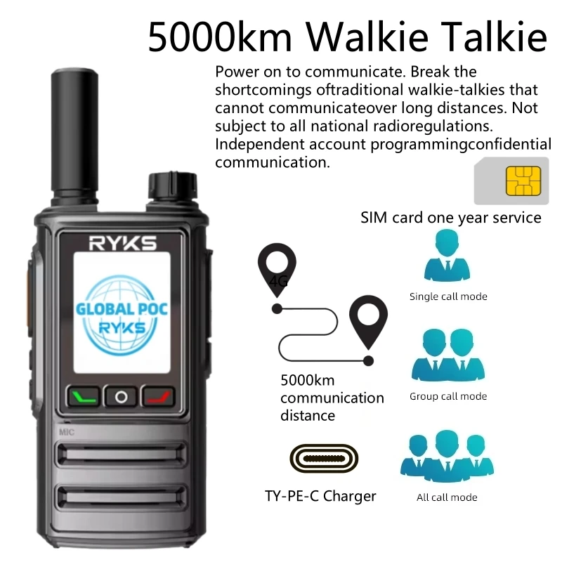 

4G Walkie Talkie 5000Km 200 Channels Global POC Charger Long Range Ham Two Way Radio