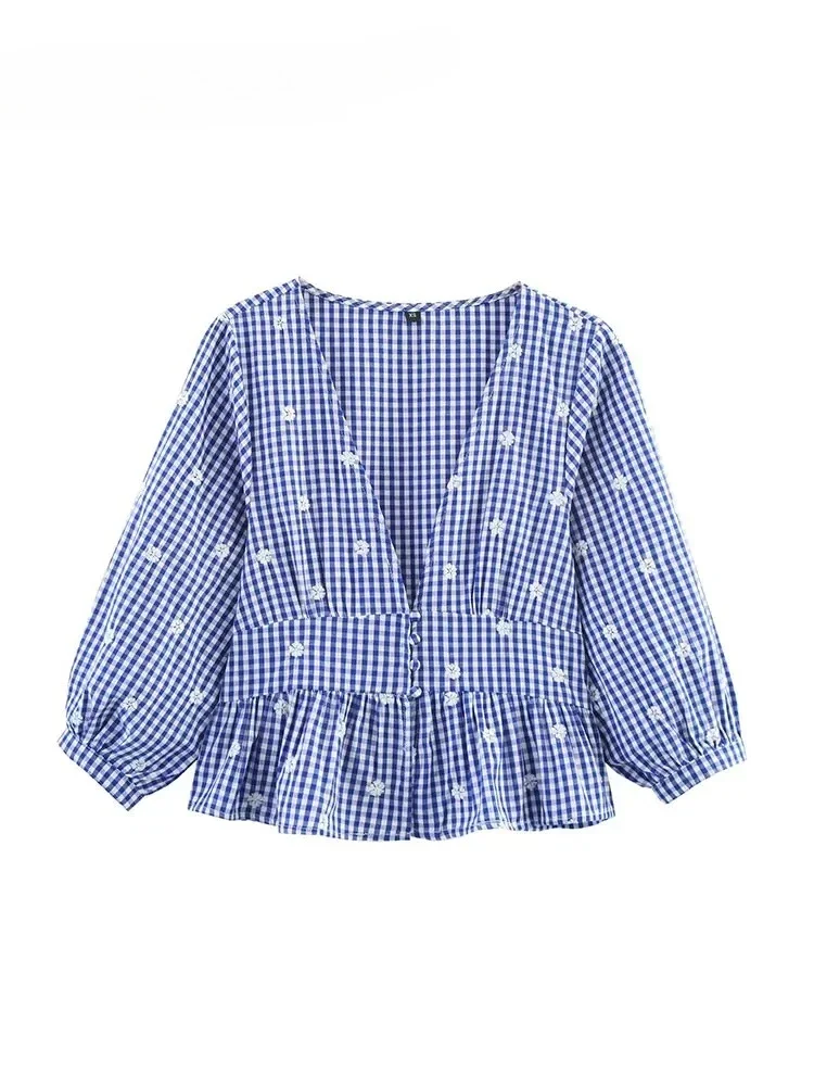 

Новая клетчатая рубашка, женская модная рубашка с вышивкой, топы для женщин, короткая рубашка с коротким рукавом, повседневная уличная одежда