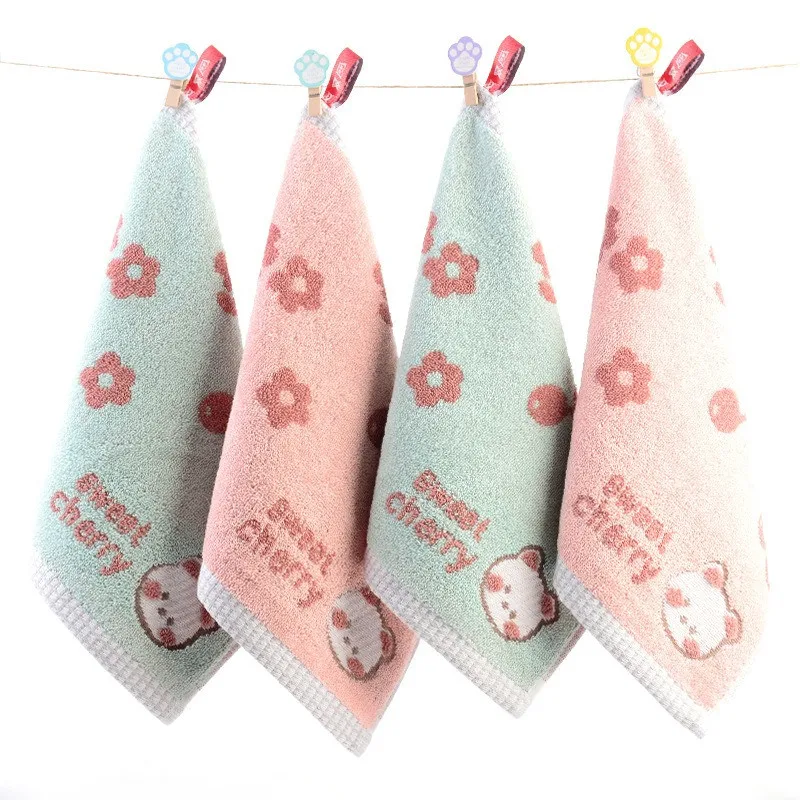 1Pc 25x25cm Portable Water Absorbent Soft Cotton Cartoon Animal Small Square Face Hand Towel With Loop