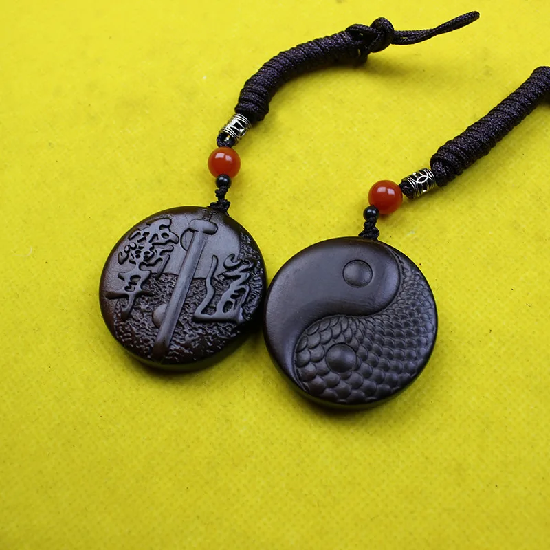 Traditional Chinese Thunder Struck Jujube Wood Pendant Double Sided Carved Zhong Kui Tai Chi Bagua Lucky Blessing Peace Protecti