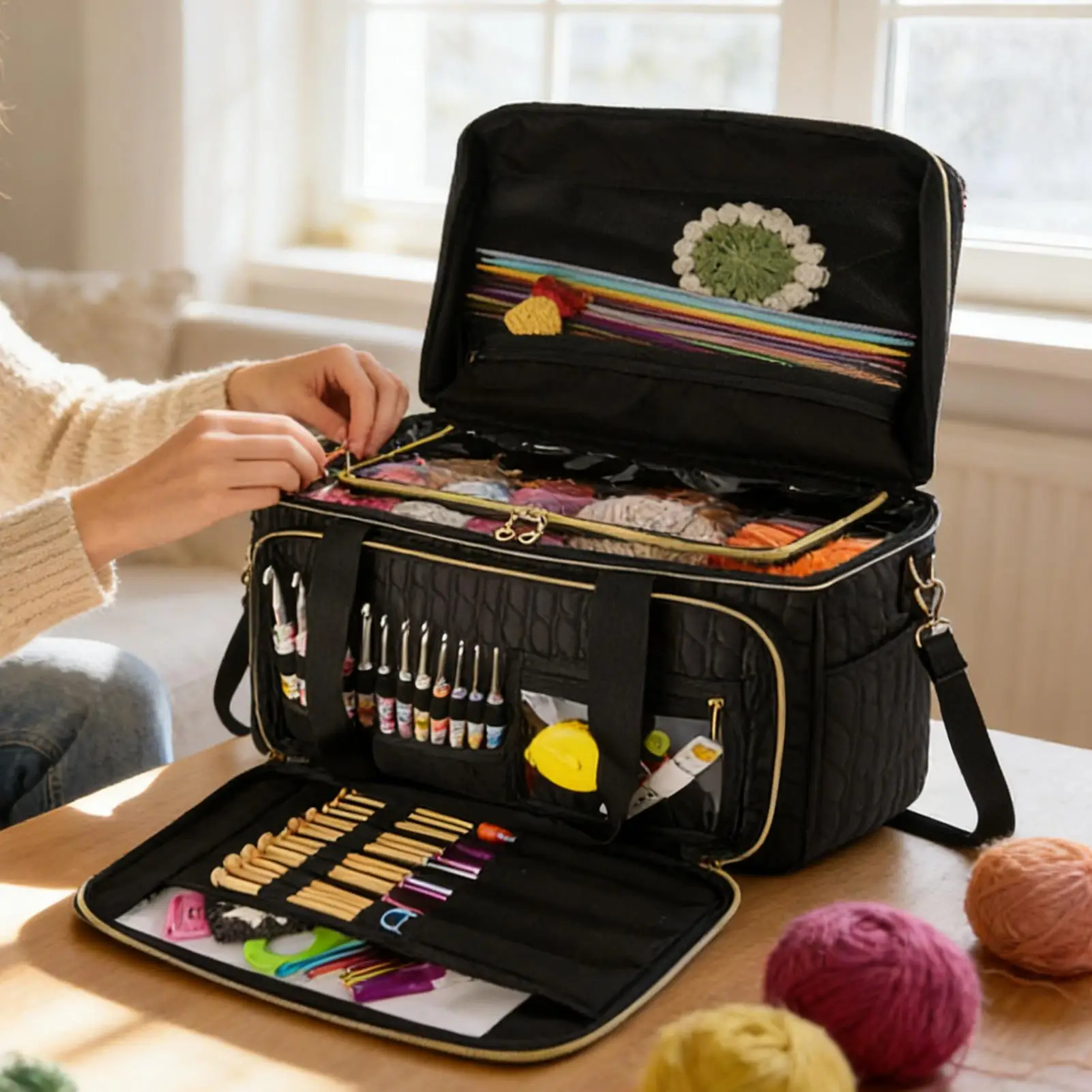 Empty Knitting Storage Bag Crochet Bag Multifunctional Crochet Knitting Tote Bags Large Capacity DIY Needle Arts Craft Yarn Bag