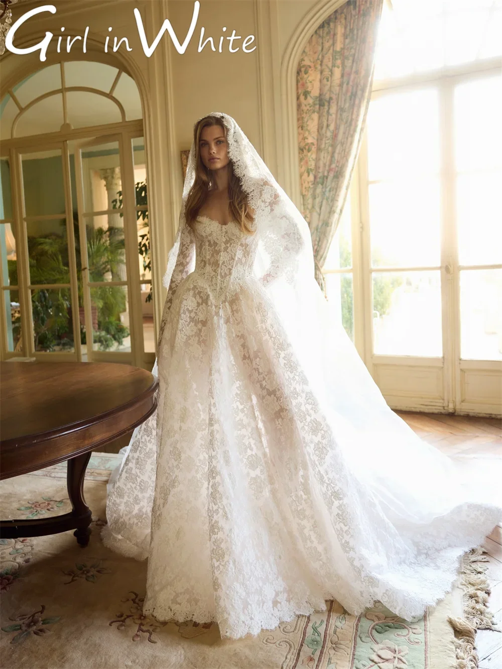

Customized Long Sleeve Wedding Dress Lace Off the Shoulder Sweetheart Court Train vestidos de noche A-Line robe de mariée 2026