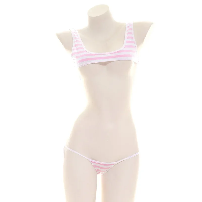 Women Cotton Stripe Print Bikini Camisoles Japanese Sexy Lingerie Lolita Swimsuit Erotic Costumes Bra Underwear Stocking - Image 2