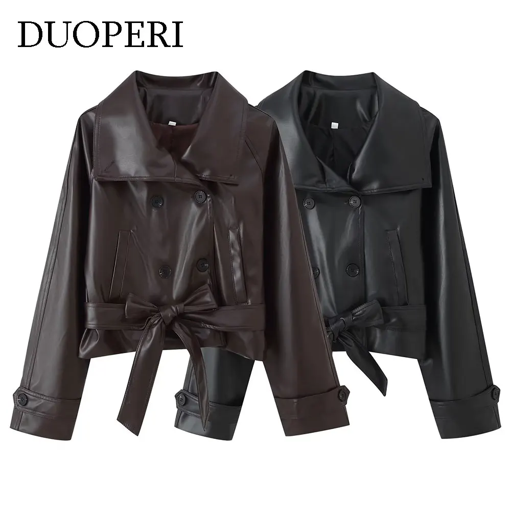 

DUOPERI женские осенние однотонные двубортные куртки из искусственной кожи с лацканами и длинными рукавами, женские элегантные шикарные женские наряды