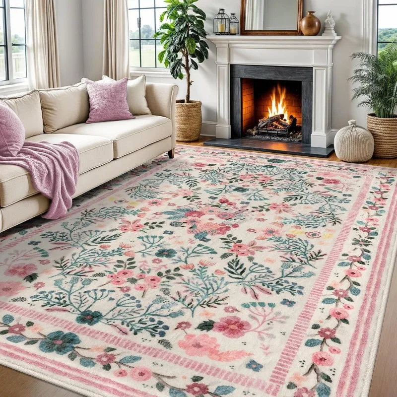

Retro Floral Area Rug – Machine Washable Non-Slip Floor Mat for Living Room & Bedroom, Modern Luxury Sofa Coffee Table Carpet
