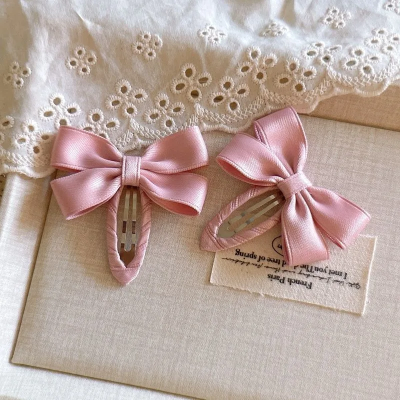 2Pcs/set Cotton Ribbon Hairpin Children's Sweet and Cute Hairclips Baby Girl's Simple Bow Solid Color Side Bangs Hair Clips